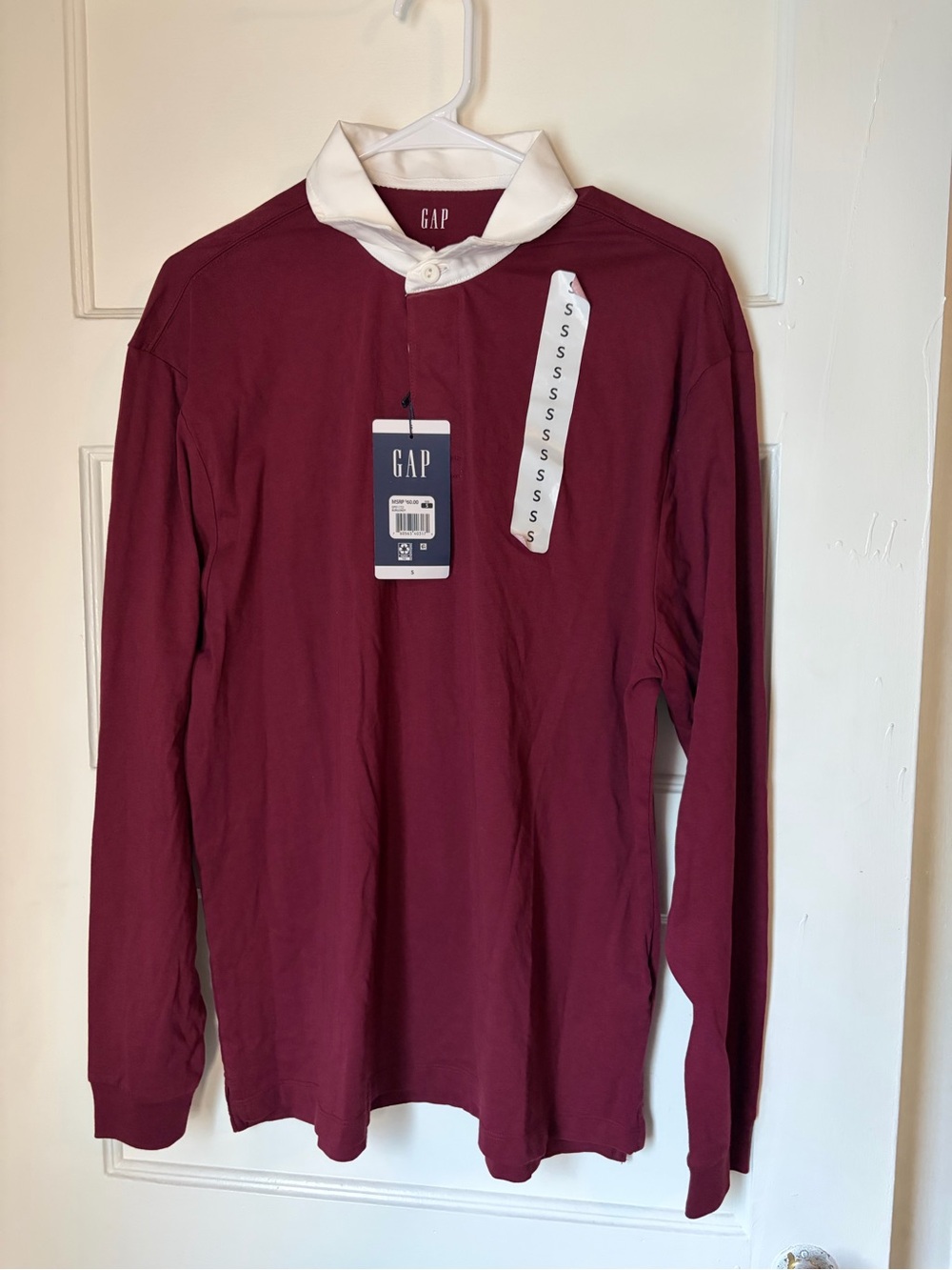 GAP Men Long-Sleeve Rugby Shirt - Burgundy with White Collar